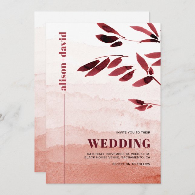 Watercolor branch QR code Japandi wedding Invitation (Front/Back)