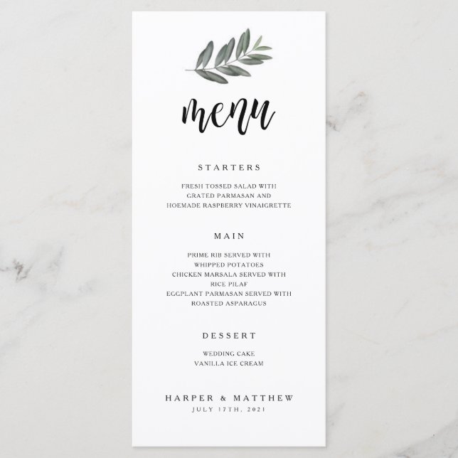 Watercolor Branch Wedding Reception Menu (Front)