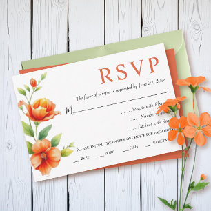 Watercolor branch with orange flowers wedding RSVP card