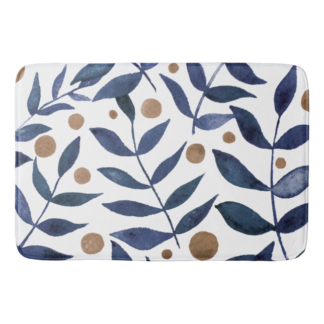Watercolor branches and berries - indigo and beige bath mat (Front)