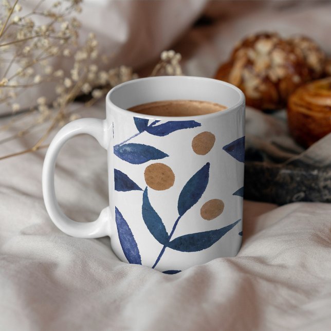 Watercolor branches and berries - indigo and beige coffee mug (Creator Uploaded)