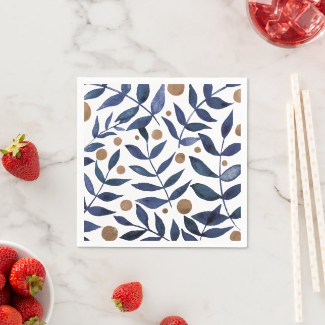 Watercolor branches and berries - indigo and beige napkin (Insitu)