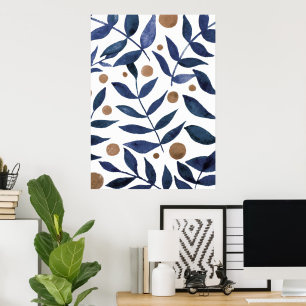 Watercolor branches and berries - indigo and beige poster