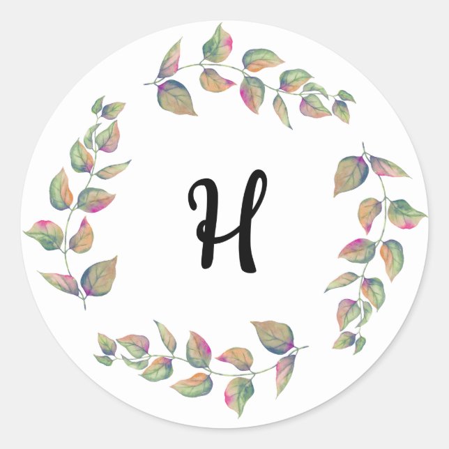 Watercolor Branches Custom Monogram  Classic Round Sticker (Front)