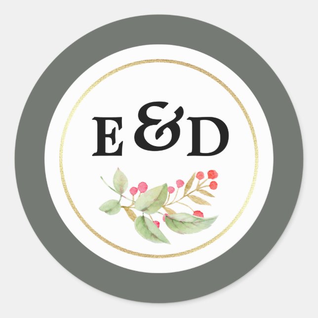 Watercolor Branches Monogram Wedding Classic Round Sticker (Front)
