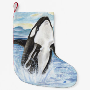 Watercolor Breaching Orca Whale Small Christmas Stocking