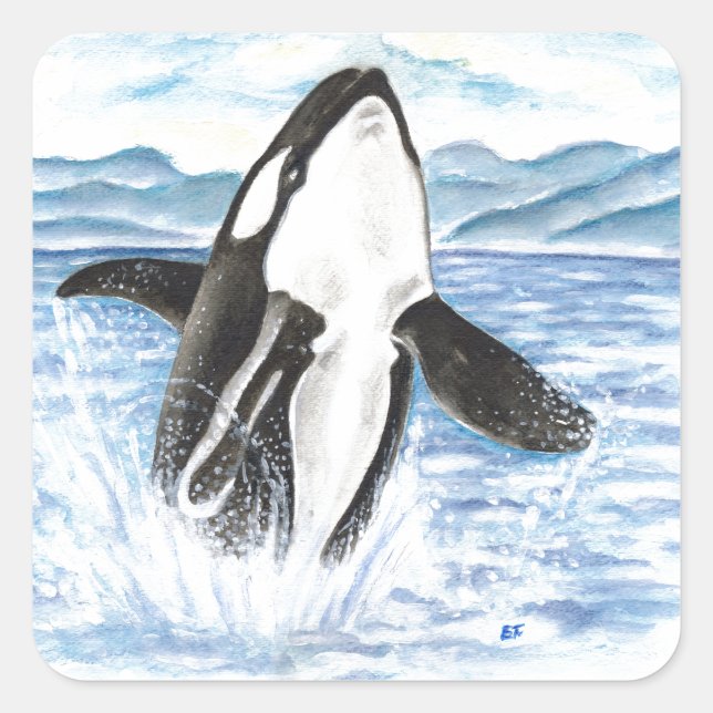 Watercolor Breaching Orca Whale Square Sticker (Front)