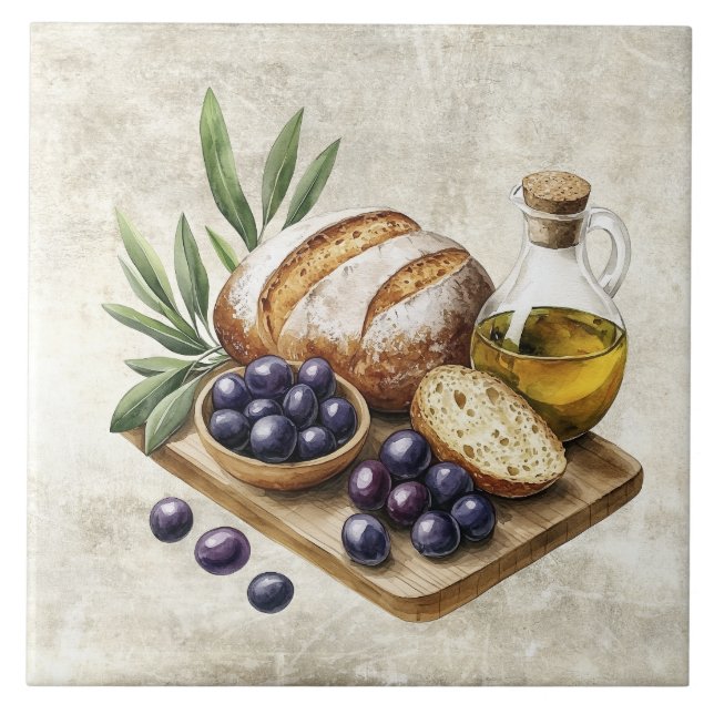 Watercolor Bread Olives Tuscany Faux Texture  Ceramic Tile (Front)