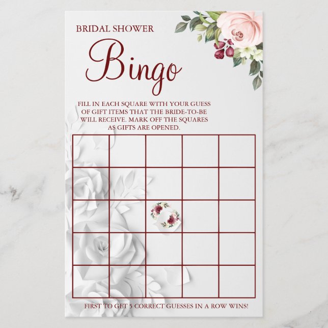 Watercolor Bridal Shower Bingo game card (Front)