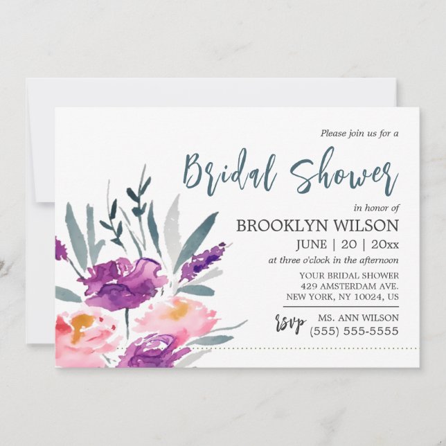 Watercolor Bridal Shower Invitations With Flowers (Front)
