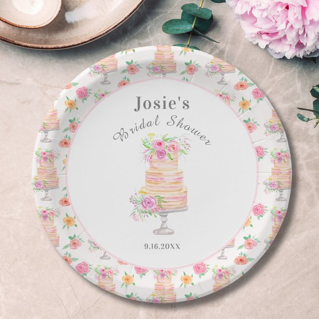 Watercolor Bridal Shower Layered Rose Cake Pattern Paper Plate (Creator Uploaded)