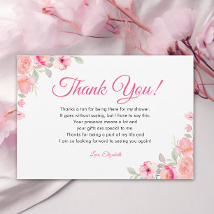 Watercolor Bridal Shower Pink Flowers Thank You Card