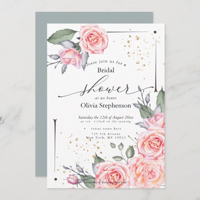 Watercolor Bridal Shower Rustic Pink Roses  Invitation (Front/Back)