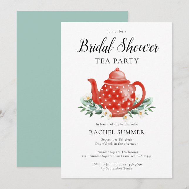 Watercolor Bridal Shower Tea Party  Invitation (Front/Back)