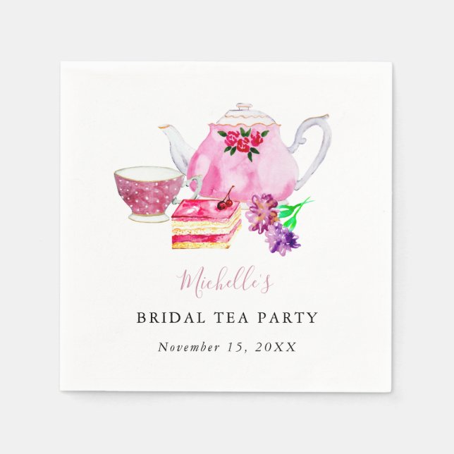 Watercolor Bridal Shower Tea Party Pink Teapot Napkin (Front)