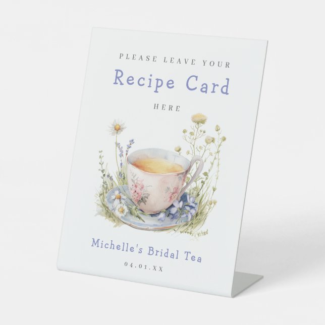 Watercolor Bridal Shower Tea Party Recipe Card Pedestal Sign (Front)