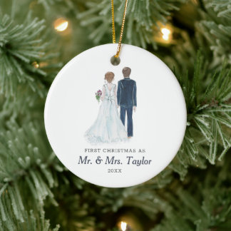 Watercolor Bride & Groom Personalised Mr & Mrs Ceramic Ornament