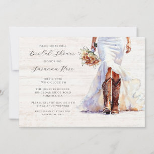 Watercolor Bride In Wedding Dress Cowgirl Boots Invitation