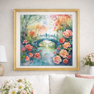 Watercolor Bridge Garden Floral  Poster