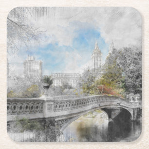 Watercolor bridge in Central Park New York Square Paper Coaster