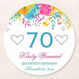 Watercolor Bright Coloured Spring Flowers Birthday Round Paper Coaster