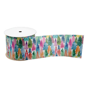 Watercolor Bright Colourful Rainbow Christmas Tree Satin Ribbon