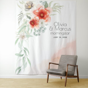 Watercolor Bright Coral Floral Wedding Prop Tapestry
