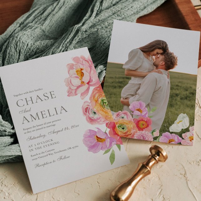 Watercolor Bright Floral Photo Wedding Invitation (Creator Uploaded)