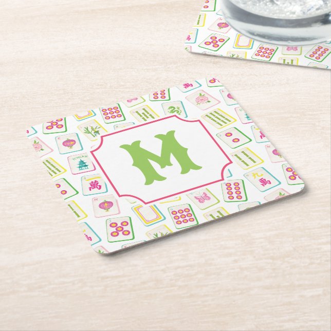 Watercolor Bright Mahjong Tiles Monogram Square Paper Coaster (Angled)