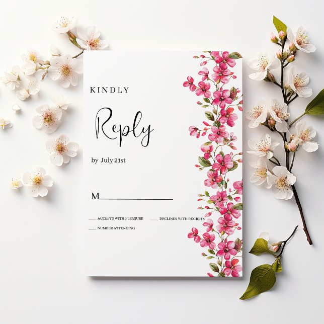 Watercolor bright pink blossom flowers RSVP  Invitation (Watercolor bright pink blossom flowers RSVP)