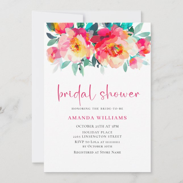 Watercolor Bright Pink Orange Flower Bridal Shower Invitation (Front)