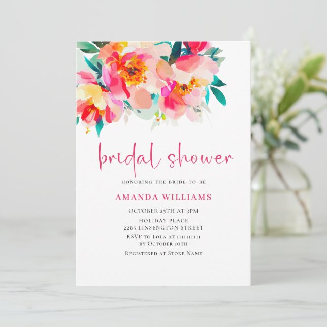 Watercolor Bright Pink Orange Flower Bridal Shower Invitation (Standing Front)