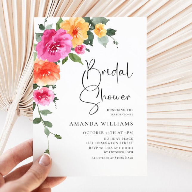 Watercolor Bright Pink Orange Flower Bridal Shower Invitation (Creator Uploaded)