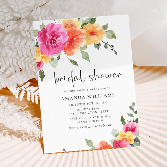 Watercolor Bright Pink Orange Flower Bridal Shower Invitation (Creator Uploaded)
