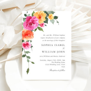 Watercolor Bright Pink Orange Flowers Wedding Invitation