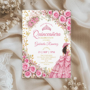 Watercolor Bright Pink Roses Golden Quinceañera Invitation