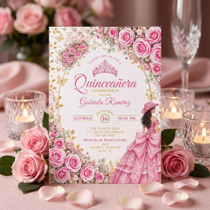 Watercolor Bright Pink Roses Golden Quinceañera Invitation