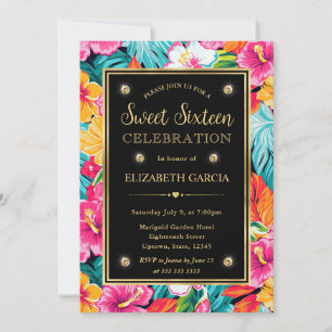 Watercolor Bright Tropical Preppy Flowers Sweet 16 Invitation