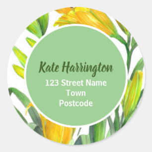 Watercolor Bright Yellow Day Lilies Circle Address Classic Round Sticker