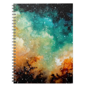 Watercolor Bright Yellow Nebula, Stars and Dark Sk Notebook
