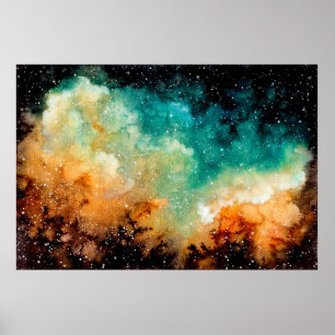 Watercolor Bright Yellow Nebula, Stars and Dark Sk Poster