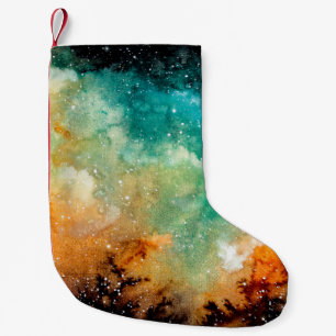 Watercolor Bright Yellow Nebula, Stars and Dark Sk Small Christmas Stocking