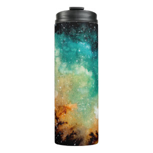 Watercolor Bright Yellow Nebula, Stars and Dark Sk Thermal Tumbler
