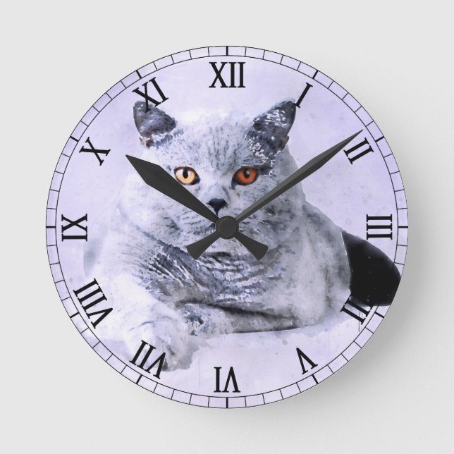 Watercolor British cat Round Clock (Front)