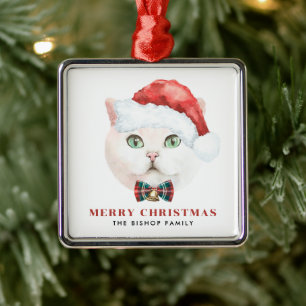 Watercolor British Shorthair Cat Merry Christmas Metal Ornament