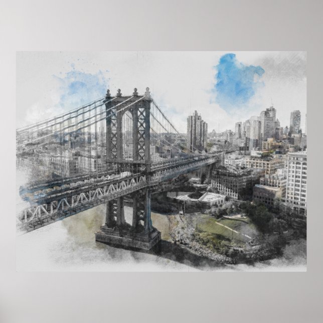 Watercolor Brooklyn Bridge Poster – Elegant NYC (Front)