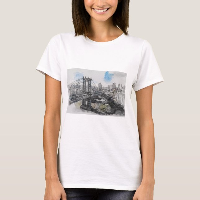 Watercolor Brooklyn Bridge T-Shirt – NYC Cityscape (Front)