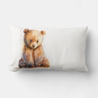 Watercolor Brown Baby Bear, Sitting Cute Bear Cub  Lumbar Cushion