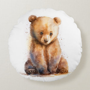 Watercolor Brown Baby Bear, Sitting Cute Bear Cub Round Cushion