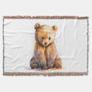 Watercolor Brown Baby Bear, Sitting Cute Bear Cub Throw Blanket